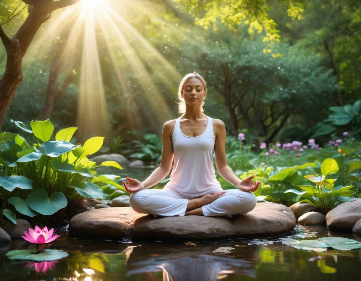 A serene scene depicting a cancer survivor meditating in a lush garden, surrounded by soft, glowing energy waves representing healing. Incorporate symbols of mind, body, and spirit like a lotus flower, heart, and chakra colors. The atmosphere is tranquil with warm sunlight filtering through trees, symbolizing hope and rebirth. Include elements like stones and flowing water for a touch of nature's balance.  super-realistic. vibrant colors. peaceful ambiance.