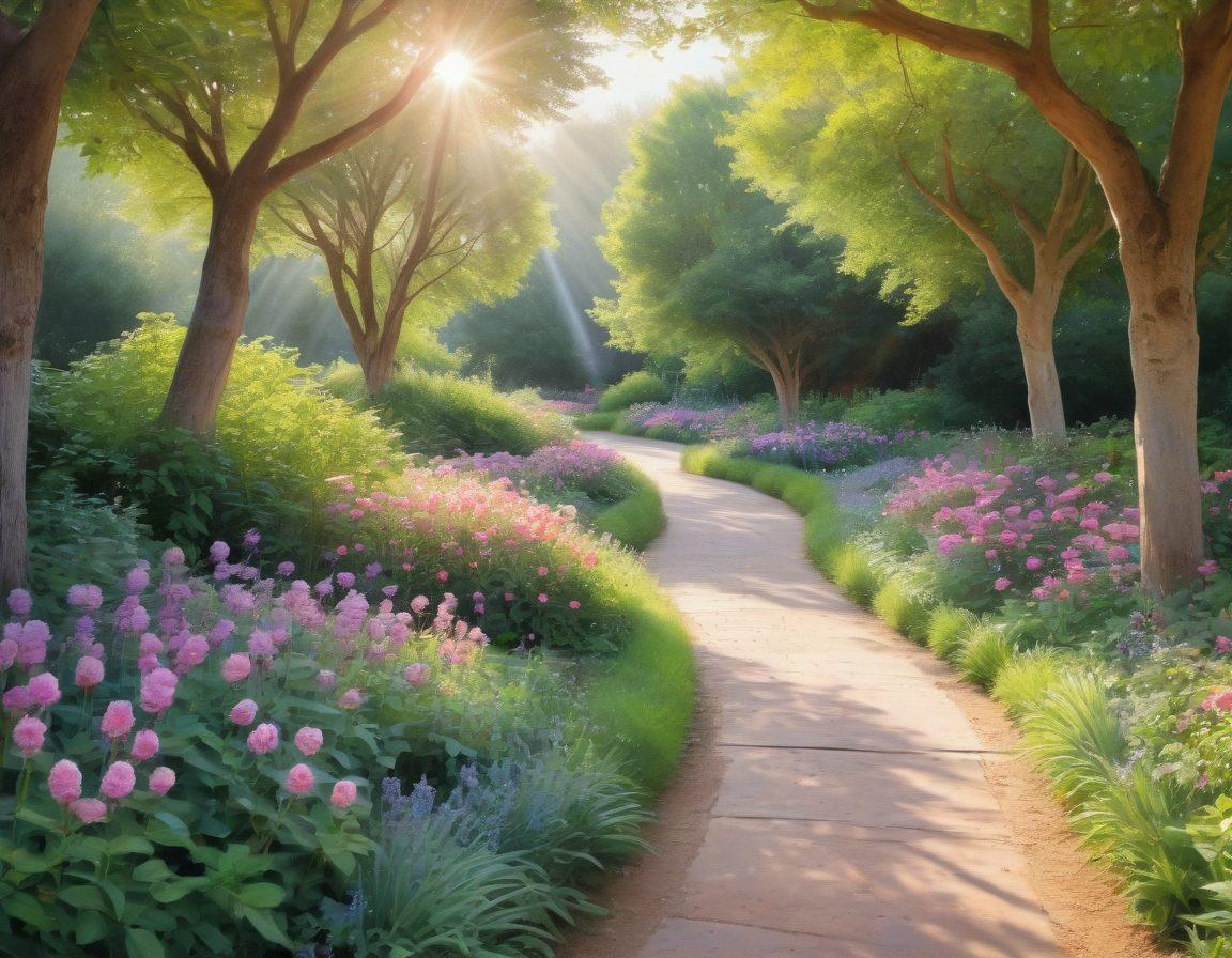 A serene landscape depicting a winding path through a vibrant garden symbolizing empowerment and growth, with soft sunlight filtering through lush green trees. Along the path, illuminating icons of cancer awareness like ribbons and healthy fruits offer essential insights into care and prevention. The image conveys hope, support, and healing with a diverse group of people walking together, sharing stories. watercolor style. soft pastels. inviting atmosphere.
